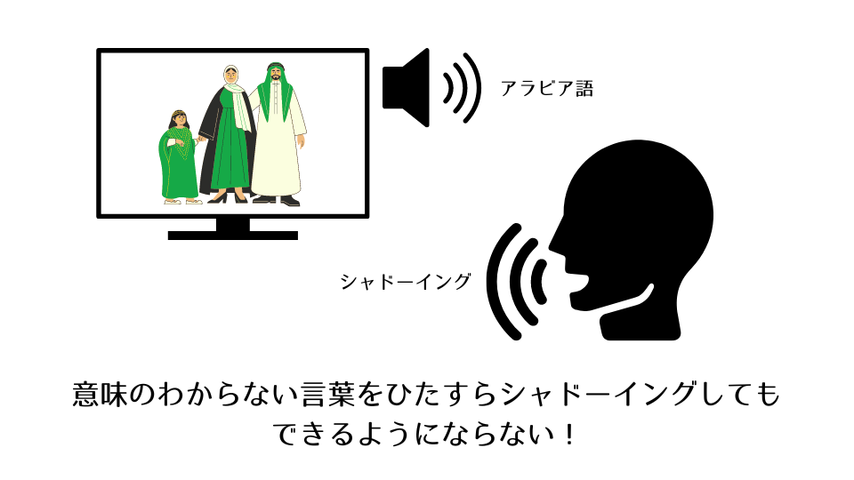 意味のわからない言葉をひたすらシャドーイングしてもできるようにならない。例えば、アラビア語が意味もわからないのにひたすらシャドーイングしてもできるようにならないのと同じ。英語だとそれをやりがち。