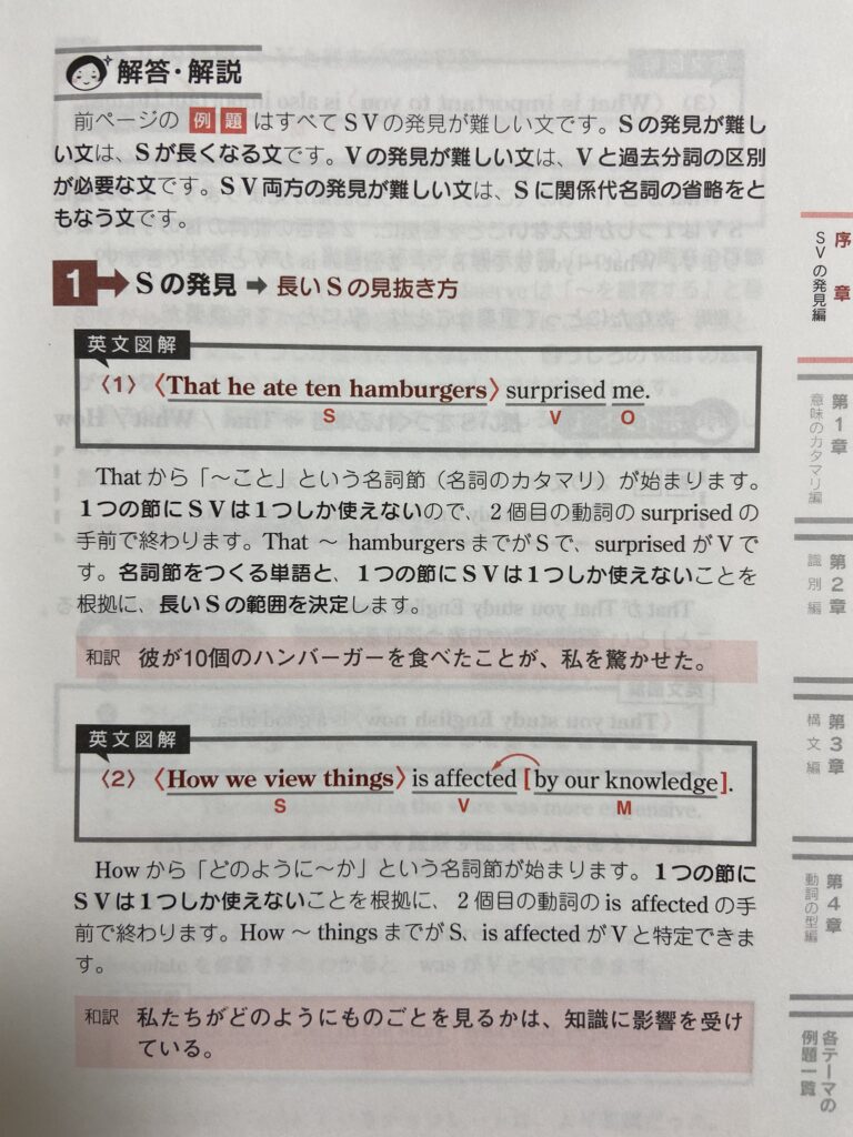 読解のための英文法（必修編）は、例題の英文ごとに和訳、英文図解、解説が載っている