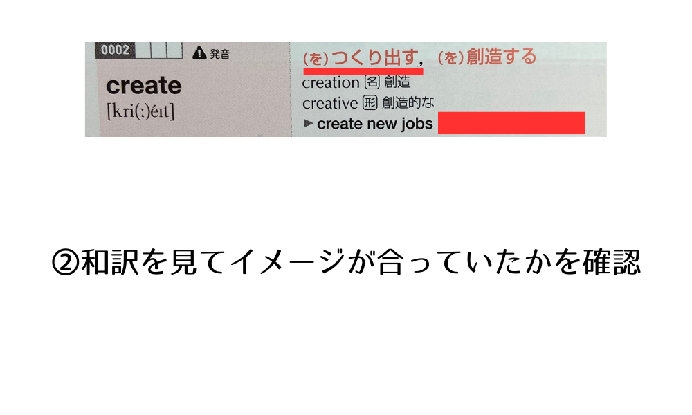 英検単語の覚え方をパス単２級を使って具体的に解説してます。ステップ２は和訳を見てイメージが合っていたかを確認します